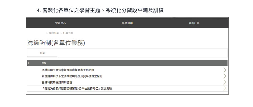 4. 客製化各單位之學習主題、系統化分階段評測及訓練