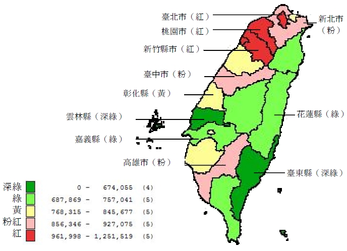 圖2 2011年國內各縣市每戶可支配所得