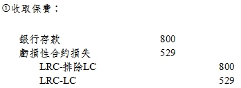 收取保費：銀行存款,800,虧損性合約損失,529,LRC-排除LC,800,LRC-LC,529